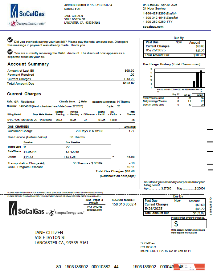 USA So Cal Gas utility bill template in Word and PDF formats, version 3